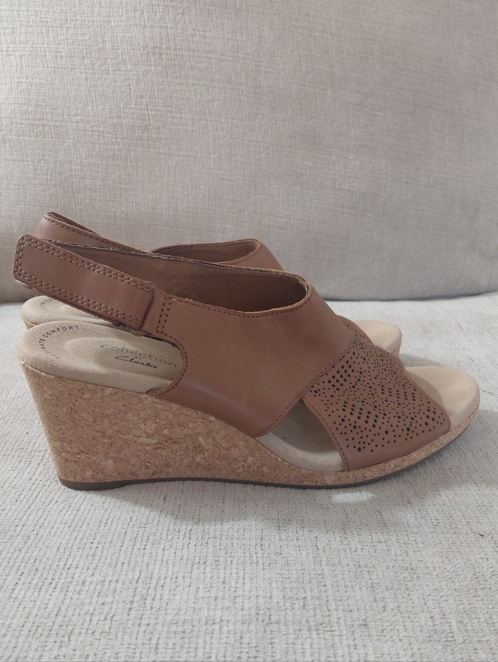 Clarks Brown Leather Perforated Slingback Wedge Sandals - Picture 6 of 11